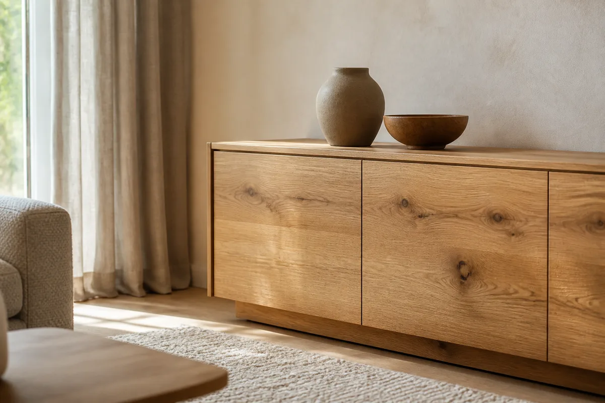Salon lumineux meublé en bois massif clair avec textiles écrus et poterie mate