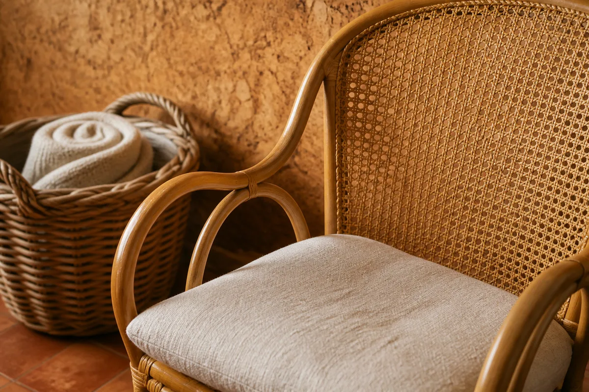 Fauteuil en rotin canné et panier en osier devant un mur habillé de liège