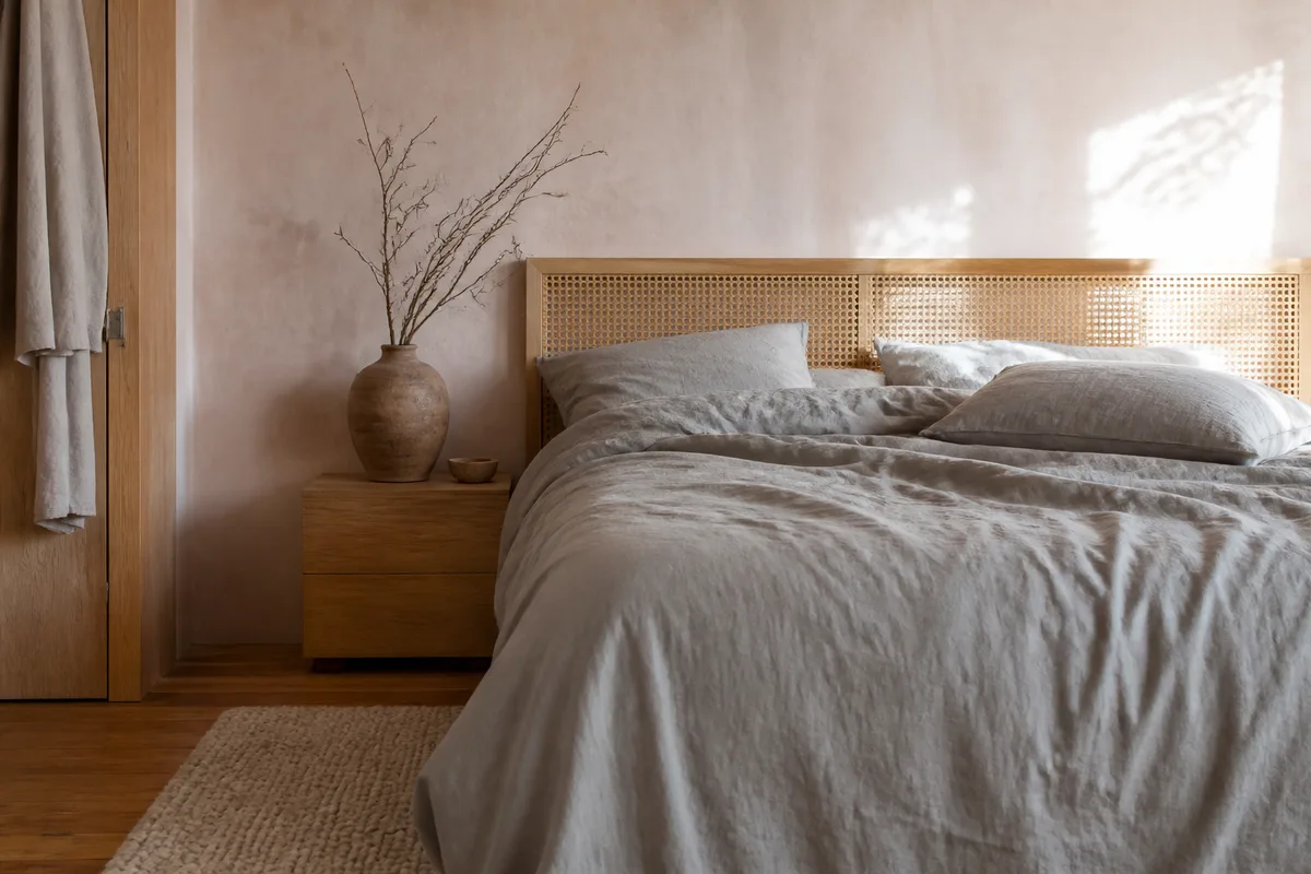 Chambre décorée en lin lavé, tapis de laine bouclée et tête de lit en cannage