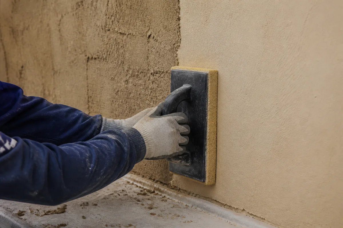 Talochage d’un enduit terre de finition sur un mur intérieur clair