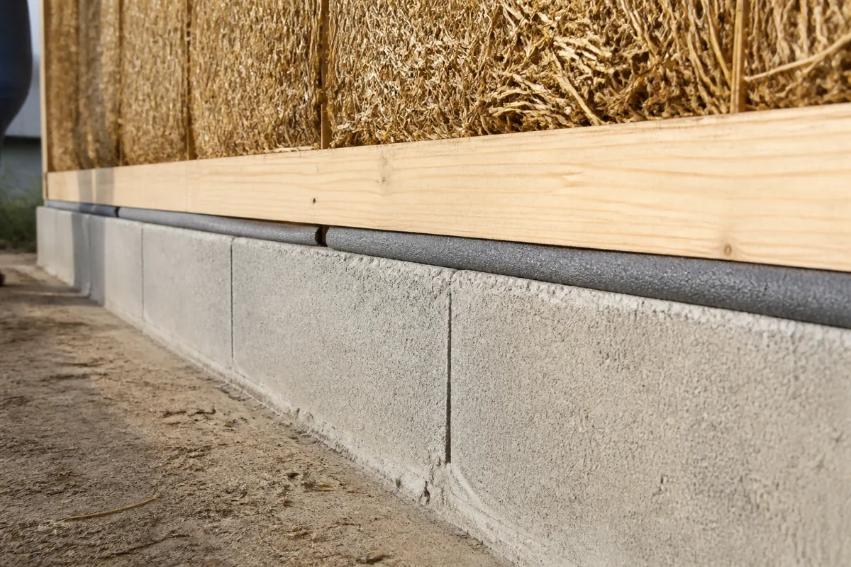 Pied de mur en construction paille : soubassement maçonné, lisse basse et première rangée de bottes