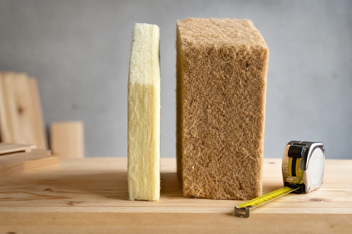 Panneaux isolants biosourcés et rouleaux de laine minérale posés côte à côte pour comparaison d épaisseur