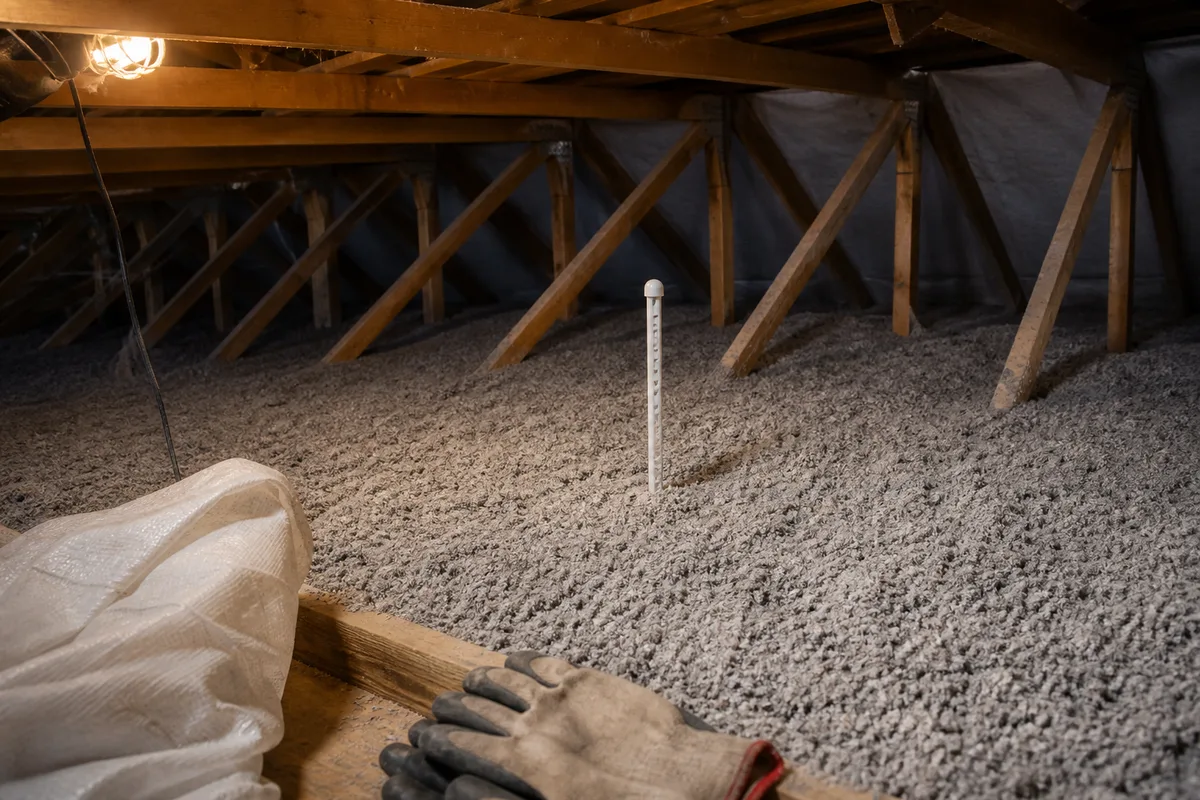 Artisan contrôlant la densité de ouate de cellulose soufflée sur un plancher de combles perdus