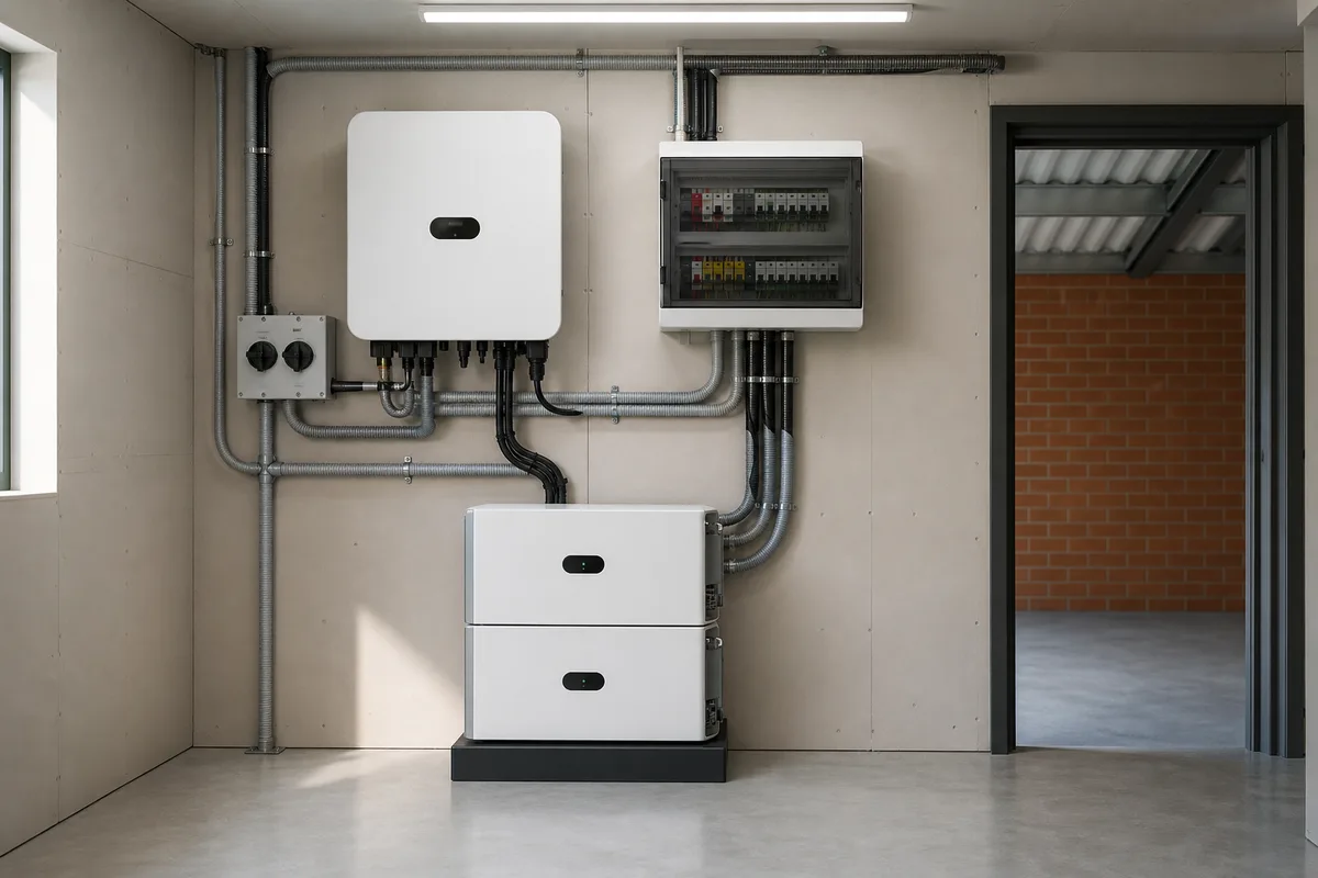 Onduleur hybride et batteries lithium alignés dans un local technique domestique