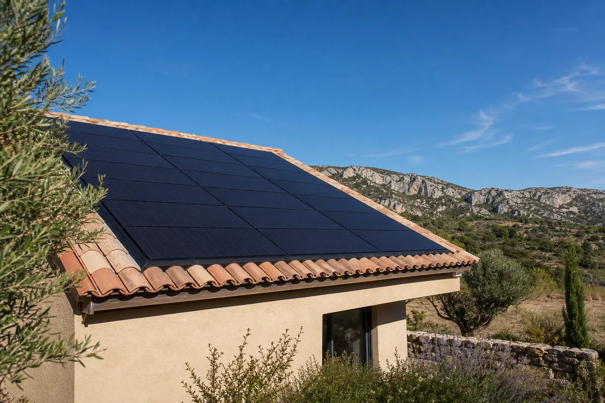 Maison en paille compacte avec panneaux solaires en toiture sur un terrain provençal