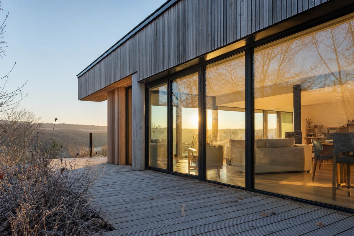 Façade sud d&rsquo;une maison bioclimatique largement vitrée sous le soleil d&rsquo;hiver