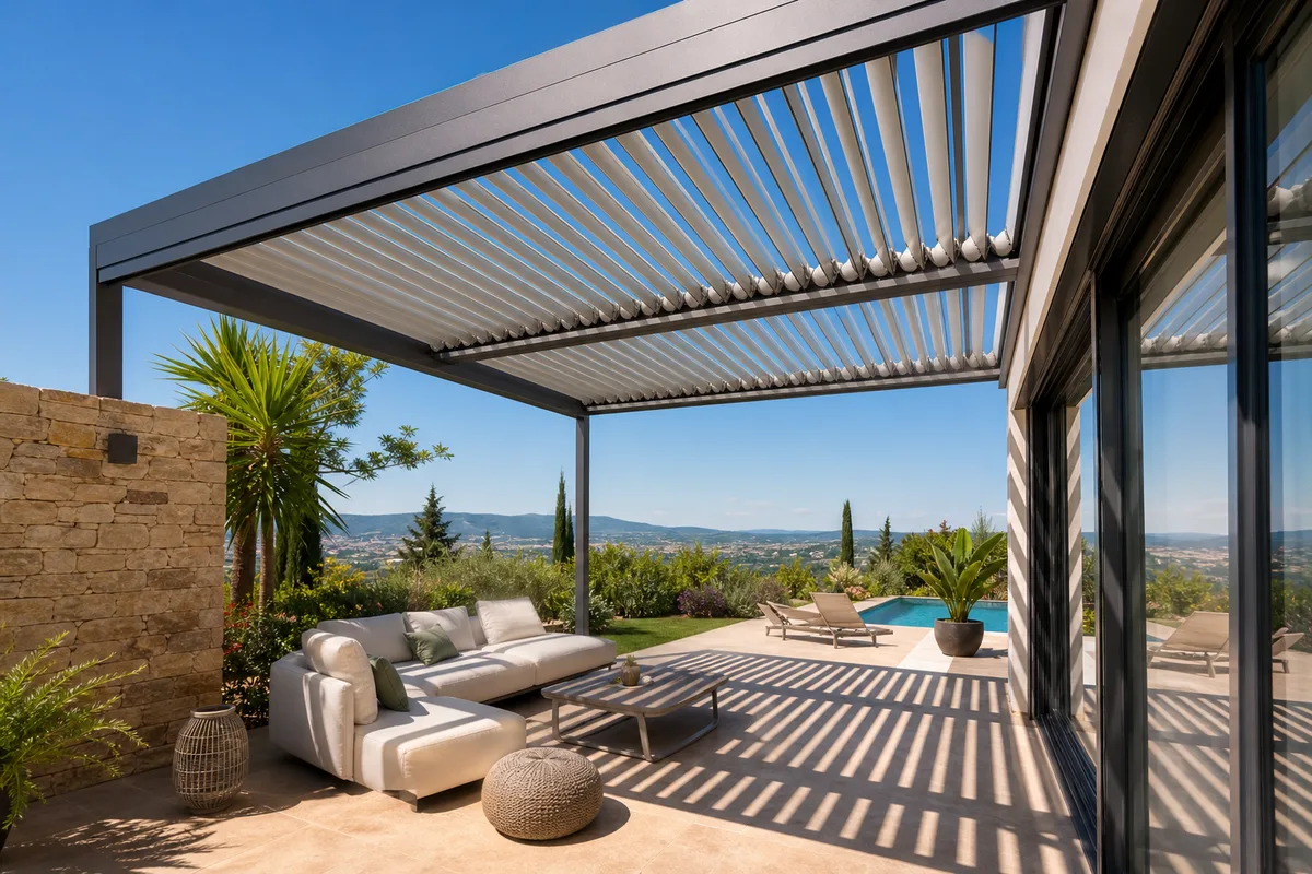 Pergola à lames orientables ombrageant la terrasse d&rsquo;une maison contemporaine en été
