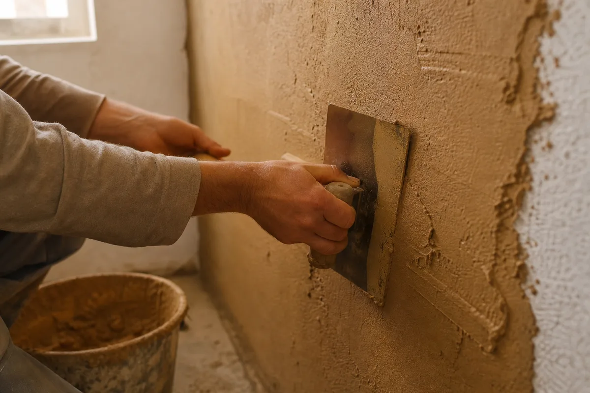 Application d’un enduit terre à la taloche sur un mur intérieur