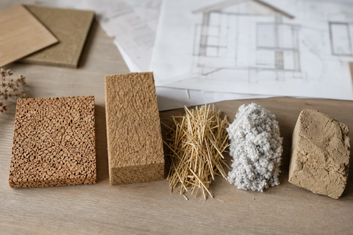 Échantillons de matériaux biosourcés posés sur un plan de travail d’architecte