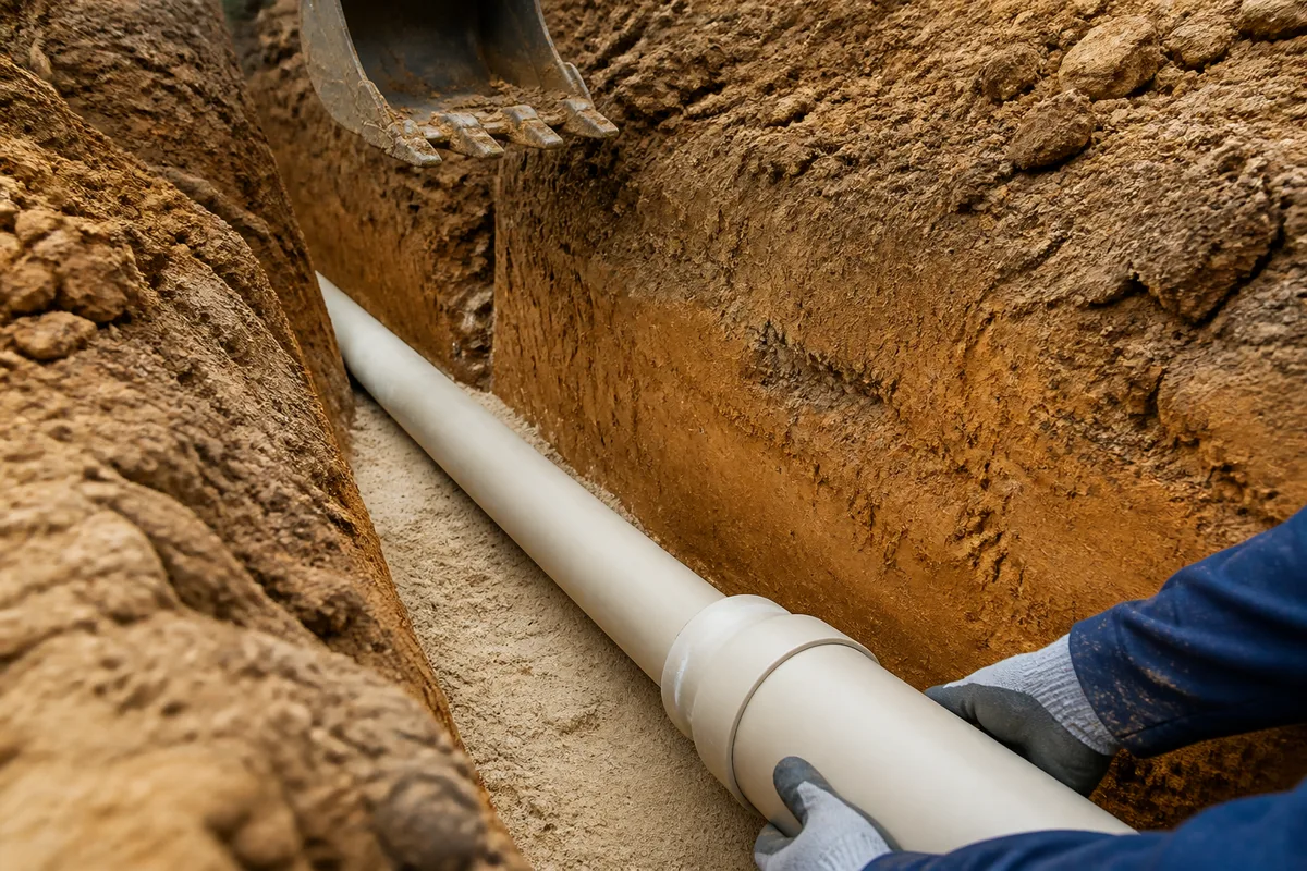 Tranchée ouverte dans un terrain argileux avec conduit lisse posé sur lit de sable, chantier de maison en construction
