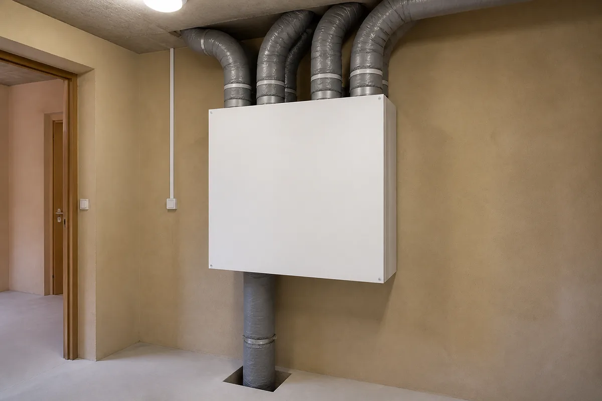Centrale de ventilation double flux raccordée à un conduit isolé venant du sol dans un local technique