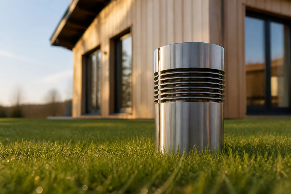 Borne de prise d’air extérieure en inox posée sur une pelouse rase devant une maison à bardage bois