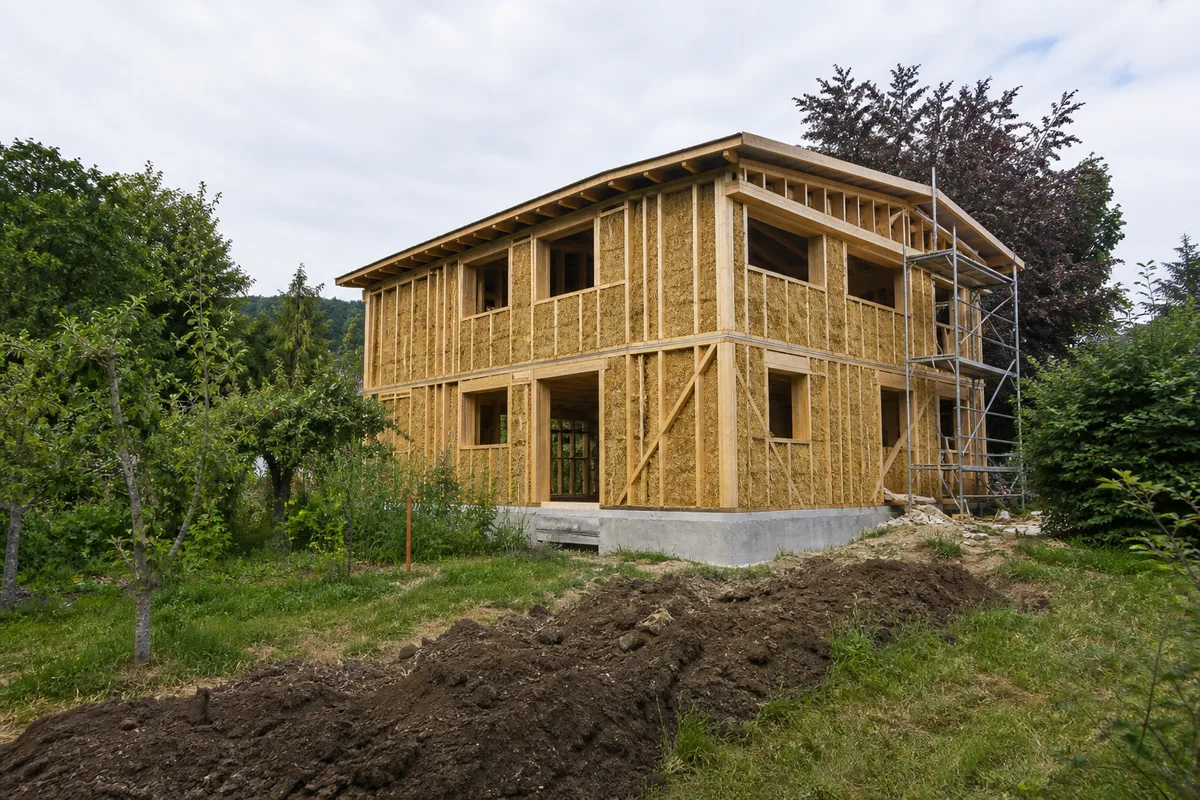 Maison à ossature bois et bottes de paille en construction, tranchée technique rebouchée au premier plan