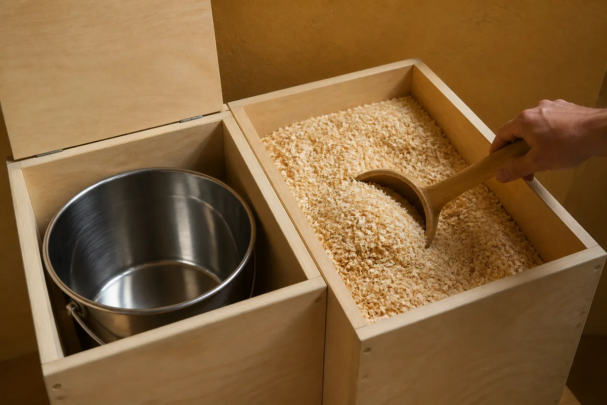 Cuve de toilette sèche en bois clair avec seau et bac de sciure posé à côté