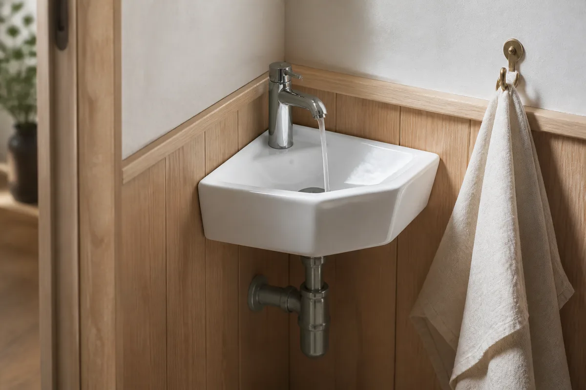 Petit lave-mains d&rsquo;angle en céramique blanche fixé dans un WC en bois