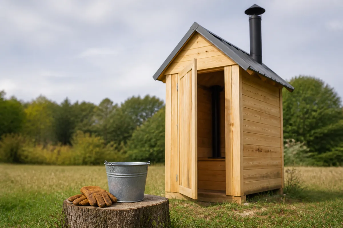 Cabine de toilette sèche en bois brut avec conduit de ventilation en toiture