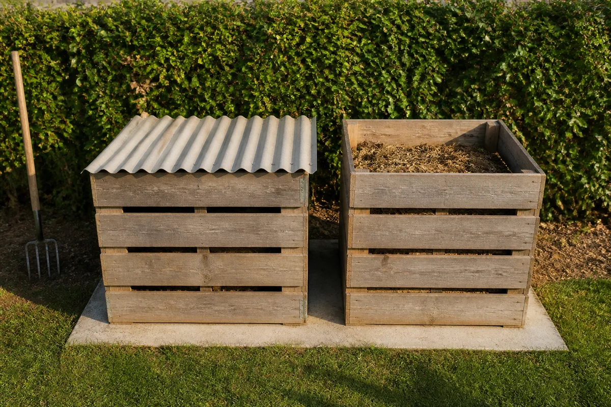 Deux caissons de compostage en bois adossés à une haie dans un jardin